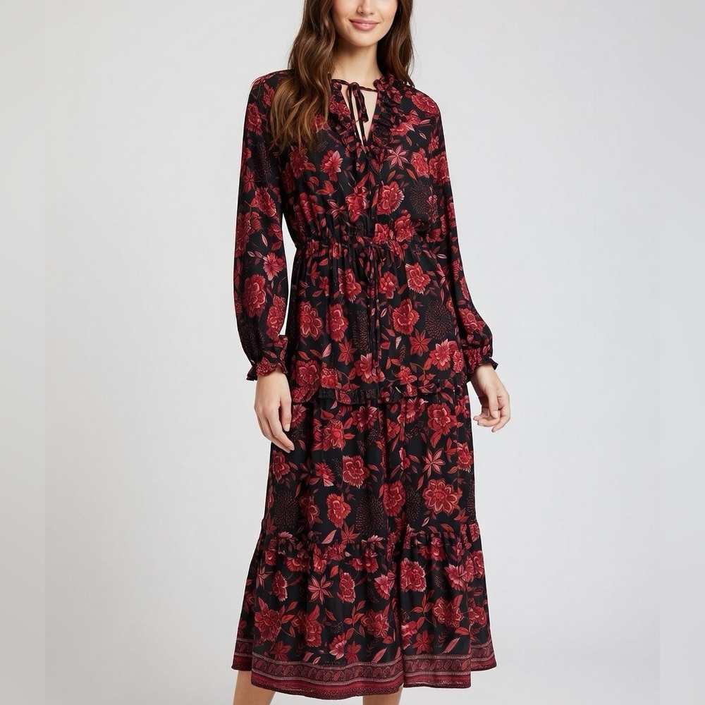 Boemo Anthropologie Long Sleeve Tiered A Line Maxi Dress Floral Peasant Small